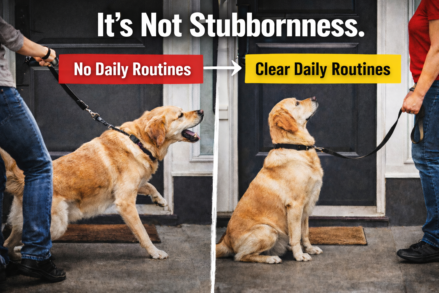 Split image showing a dog pulling toward a door labeled “No Daily Routines” beside the same dog sitting calmly labeled “Clear Daily Routines,” illustrating how structure improves behavior.