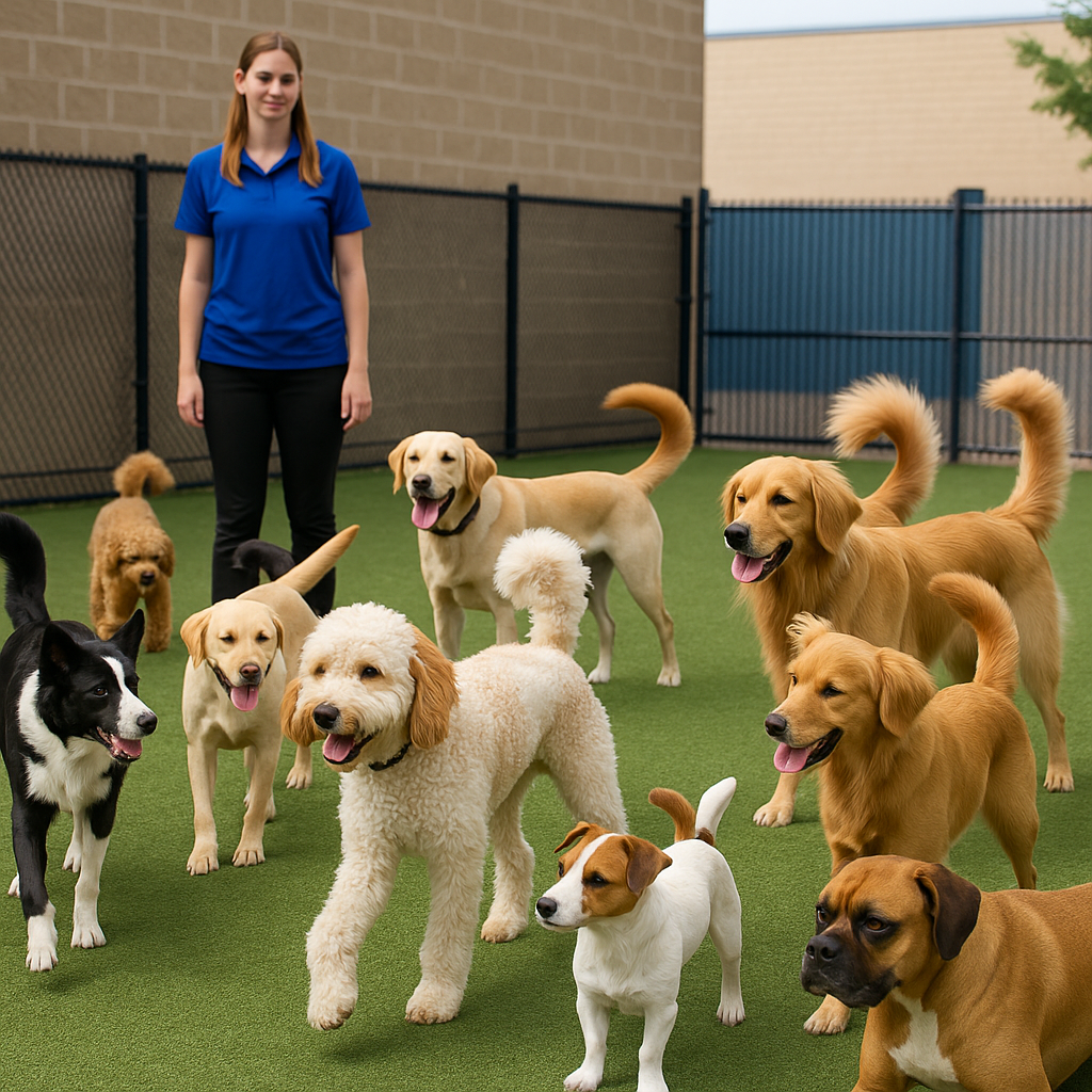 Doggy daycare in Shawnee with employee supervising a small playgroup of 9 dogs – safe socialization and Shawnee dog training