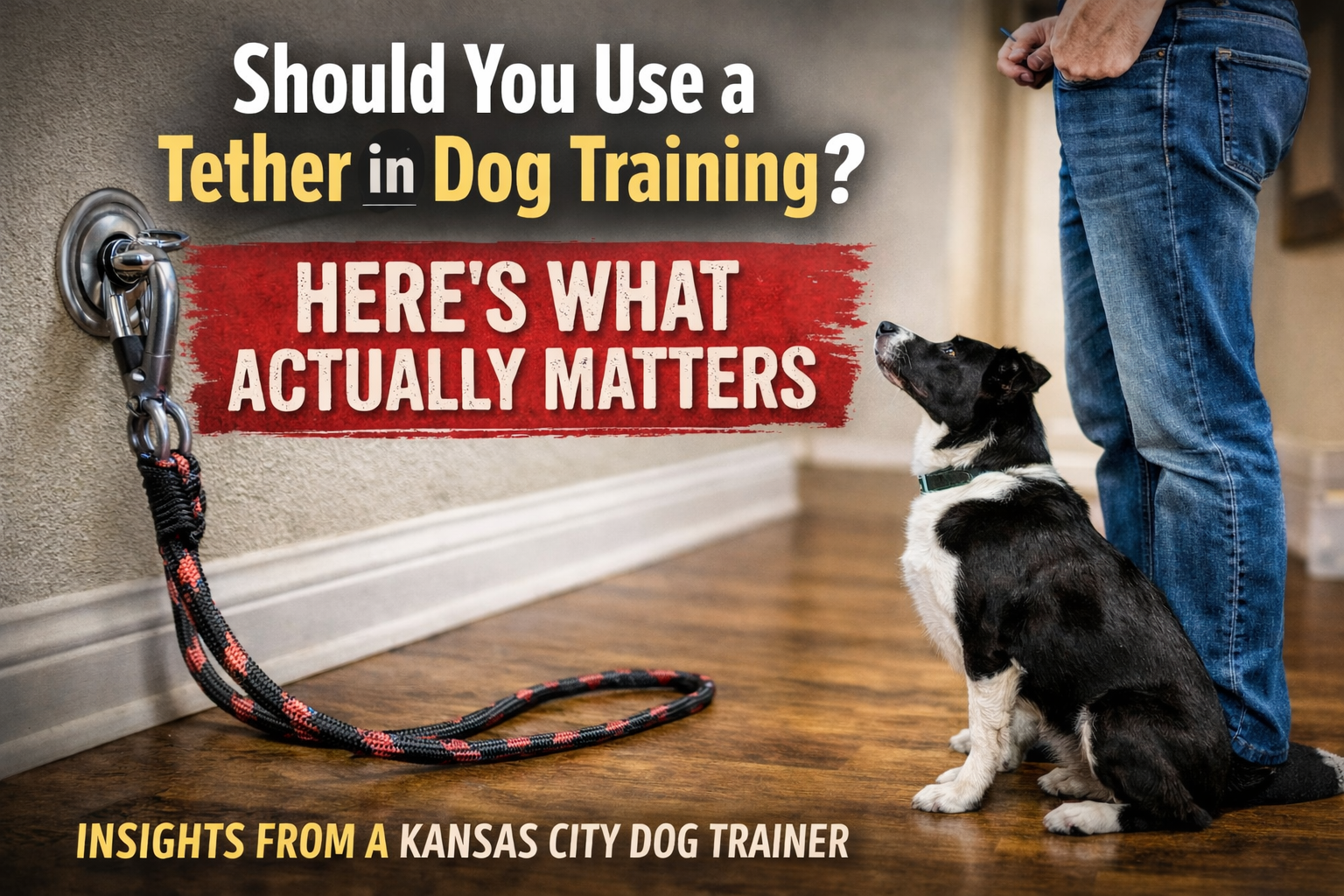 Dog on a tether during structured training session with owner standing nearby