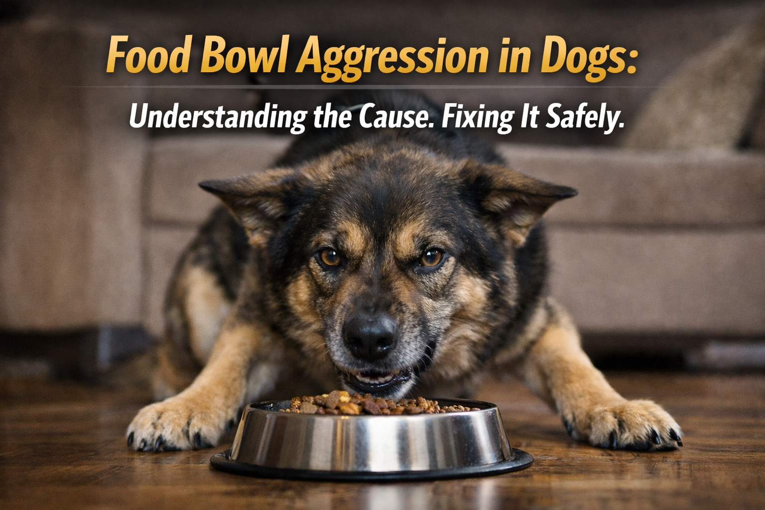 Dog growling while guarding food bowl indoors during meal time