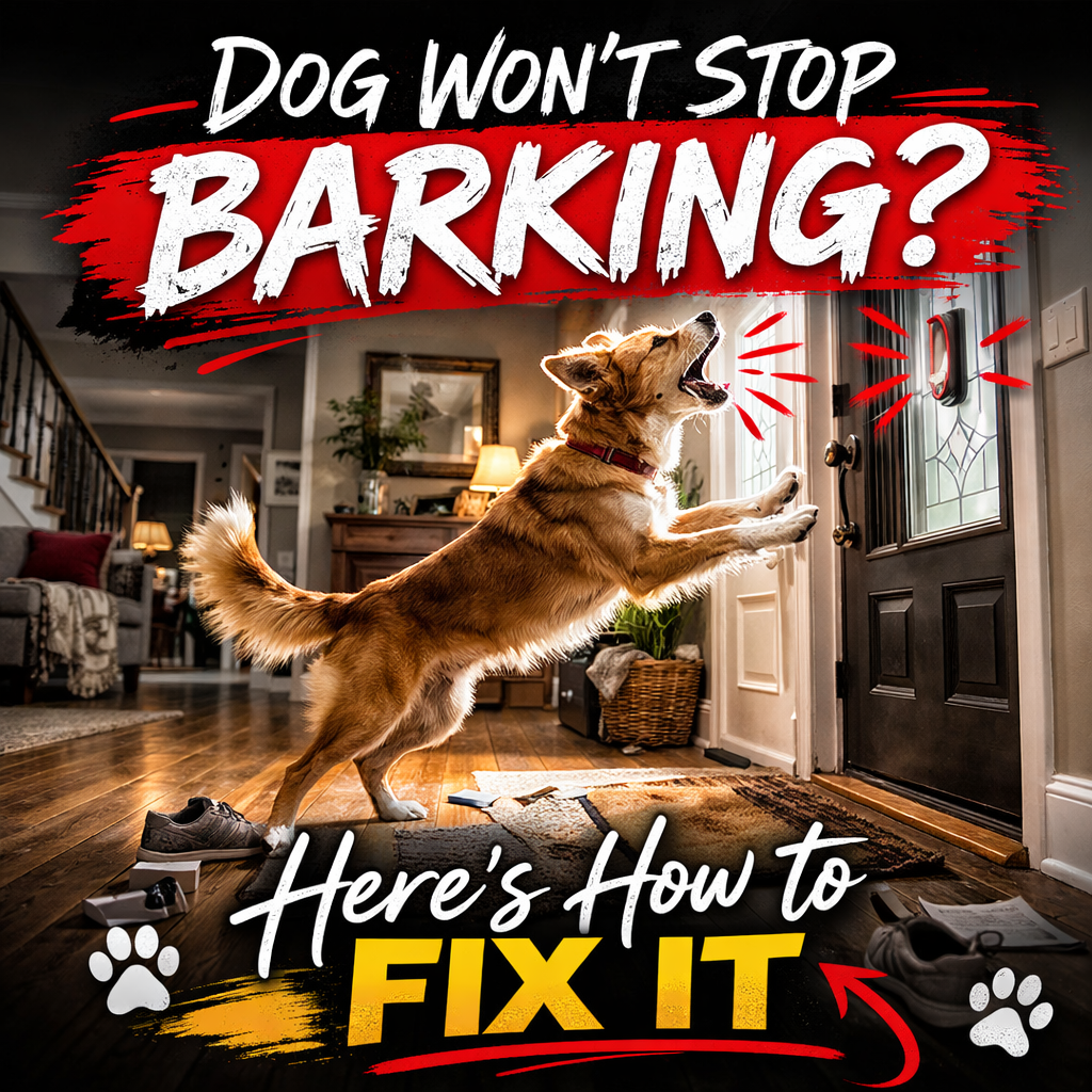 Dog barking at the front door inside a residential home, illustrating a common doorbell barking issue addressed through structured training.