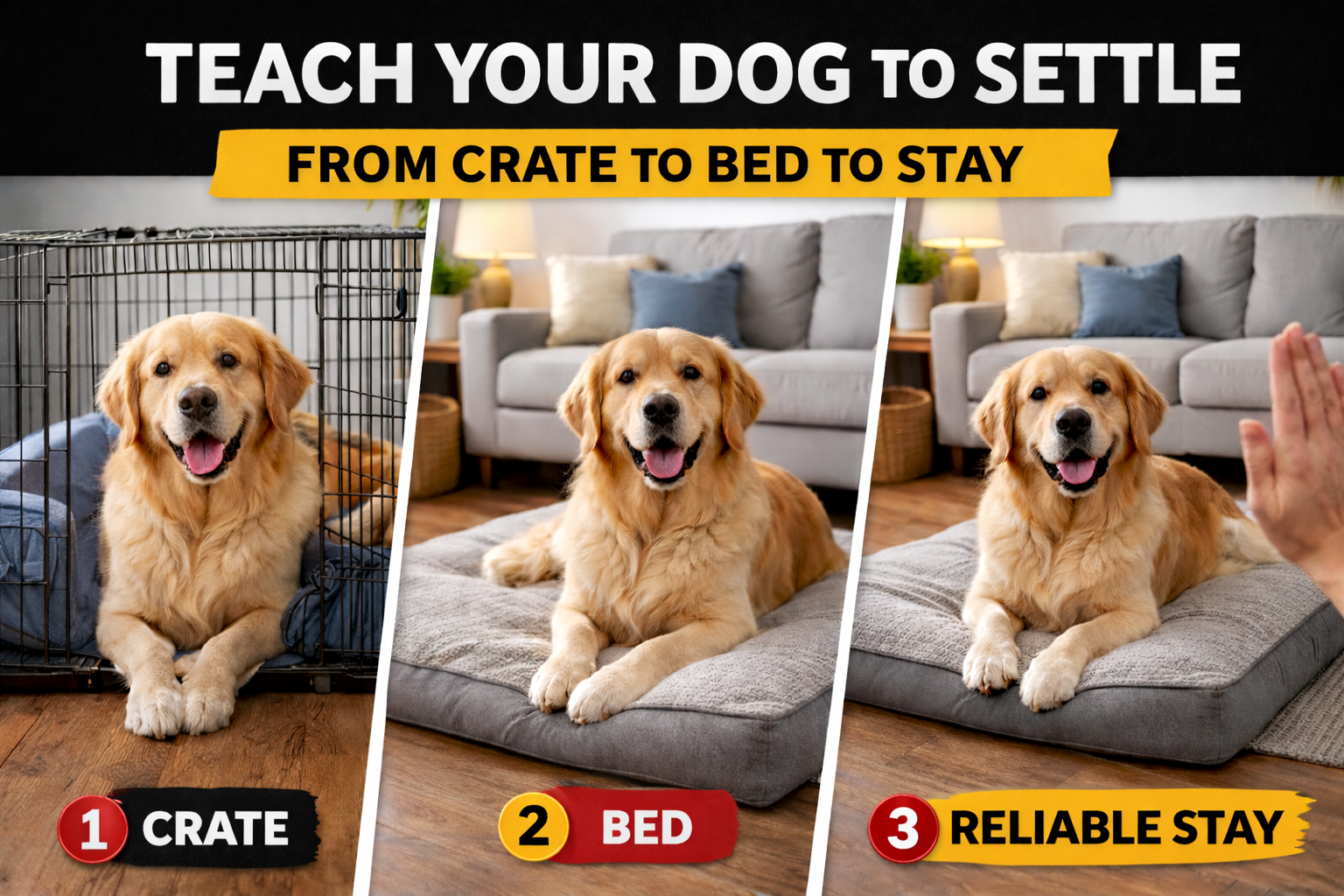 Dog training process showing how to teach a dog to settle from crate training to a bed and reliable stay in the home.